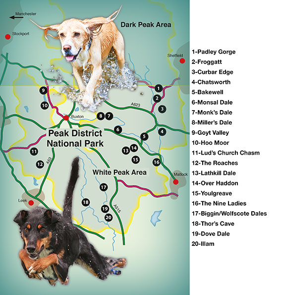 overall map of Countryside Dog Walks in the Peak District South